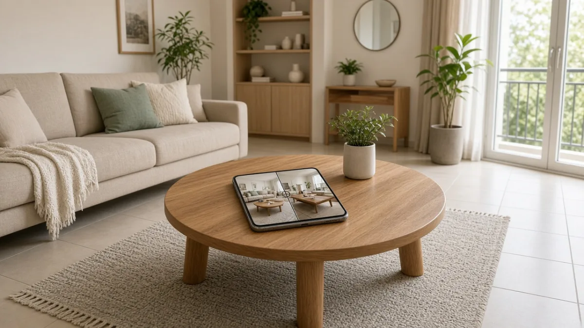 Phòng khách chung cư với bàn trà gỗ tròn dưới sofa và điện thoại hiển thị phối cảnh AI so bàn tròn với bàn chữ nhật