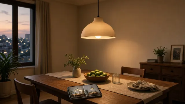 Bàn ăn gỗ với đèn treo ấm phía trên và điện thoại hiển thị phối cảnh AI so đèn đơn với cụm ba đèn nhỏ