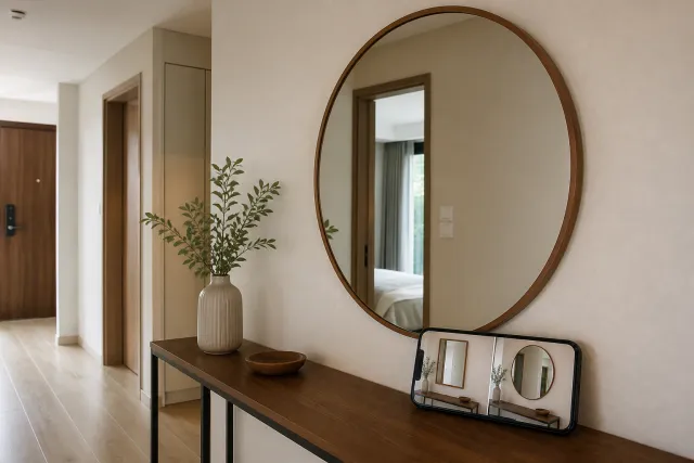 Lối vào chung cư với gương tròn trên bàn console và điện thoại hiển thị phối cảnh AI so kiểu gương khác trên cùng tường