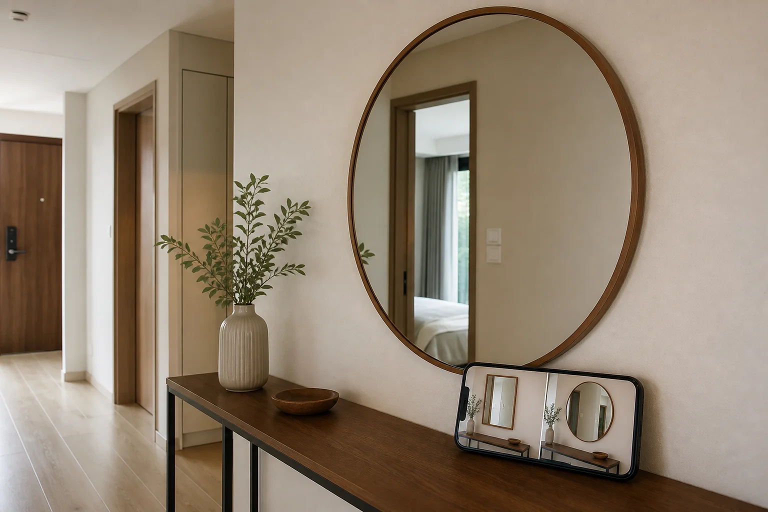 Lối vào chung cư với gương tròn trên bàn console và điện thoại hiển thị phối cảnh AI so kiểu gương khác trên cùng tường