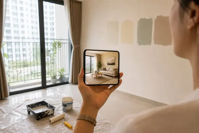 Phòng khách căn hộ với mẫu màu sơn trên tường và điện thoại hiển thị phối cảnh đổi màu tường do AI tạo