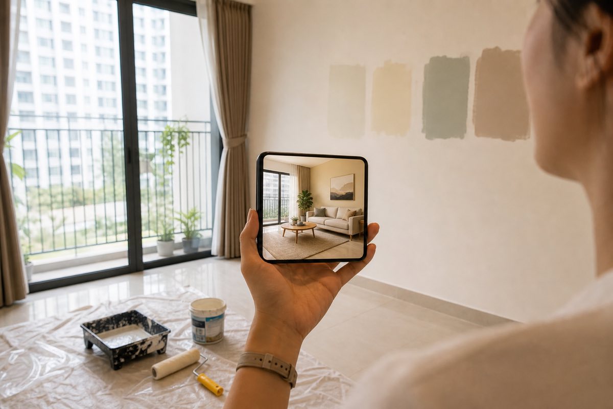 Phòng khách căn hộ với mẫu màu sơn trên tường và điện thoại hiển thị phối cảnh đổi màu tường do AI tạo