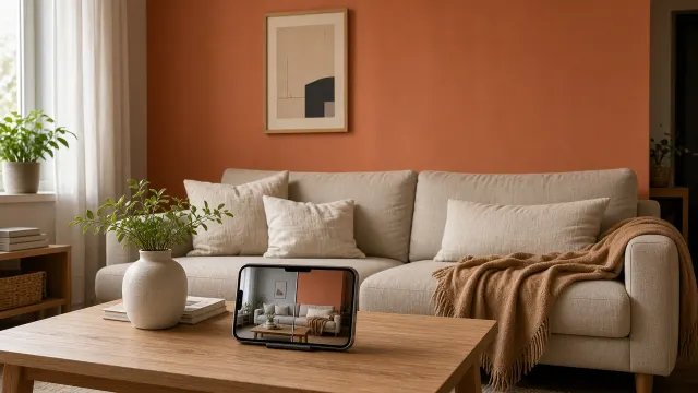 Phòng khách chung cư với tường terracotta ấm, sofa linen be và điện thoại hiển thị ảnh thật so tường xám lạnh với tông đất