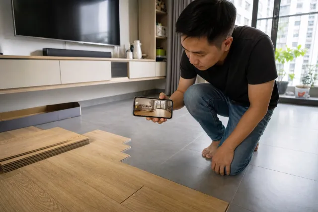 Chủ nhà so mẫu sàn gỗ trên nền gạch cũ, điện thoại hiển thị phối cảnh đổi sàn do AI tạo