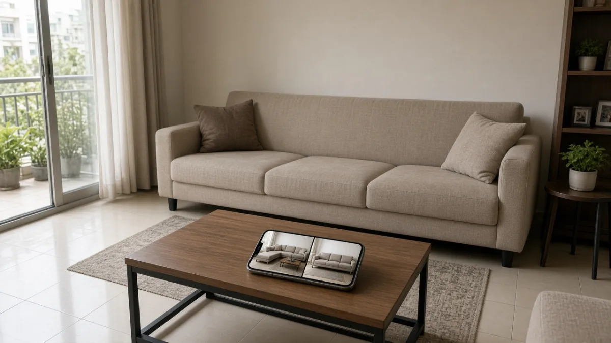 Phòng khách chung cư với sofa nỉ và điện thoại hiển thị phối cảnh AI so sofa góc L với sofa văng ba chỗ