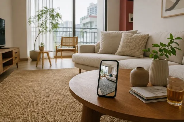 Phòng khách chung cư với thảm be dưới sofa và điện thoại hiển thị phối cảnh AI so kiểu thảm khác trên cùng sàn