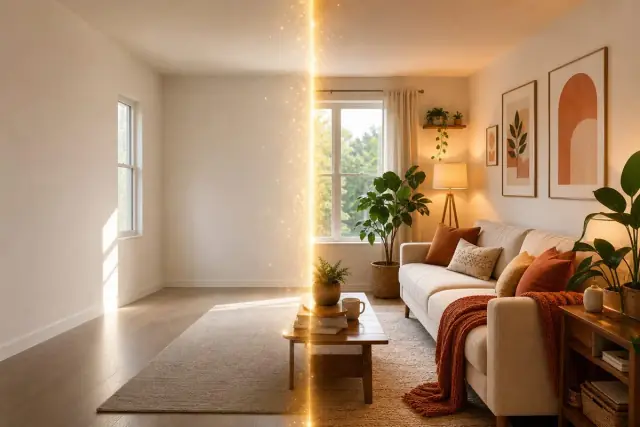 Căn phòng chia đôi: một nửa trống trơn chưa trang trí, một nửa đã được decor ấm cúng với cây xanh, tranh treo tường và đèn