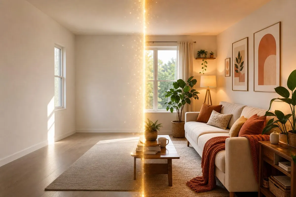 Căn phòng chia đôi: một nửa trống trơn chưa trang trí, một nửa đã được decor ấm cúng với cây xanh, tranh treo tường và đèn