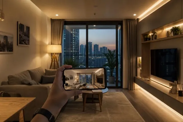 Phòng khách buổi tối với đèn tầng lớp và điện thoại hiển thị phối cảnh ánh sáng do AI thiết kế