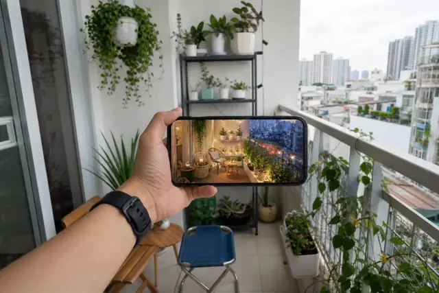 Ban công căn hộ nhỏ với cây xanh và ghế gấp, điện thoại hiển thị phối cảnh ban công thư giãn do AI thiết kế