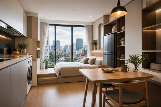 Căn hộ studio nhỏ được thiết kế gọn với màu sáng, cửa sổ lớn và nội thất đa năng