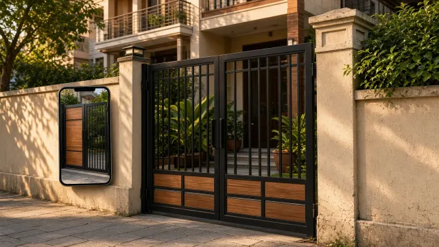 Cổng nhà phố sắt đen kết hợp gỗ với điện thoại hiển thị phối cảnh AI so cổng đặc kín với cổng nan thưa