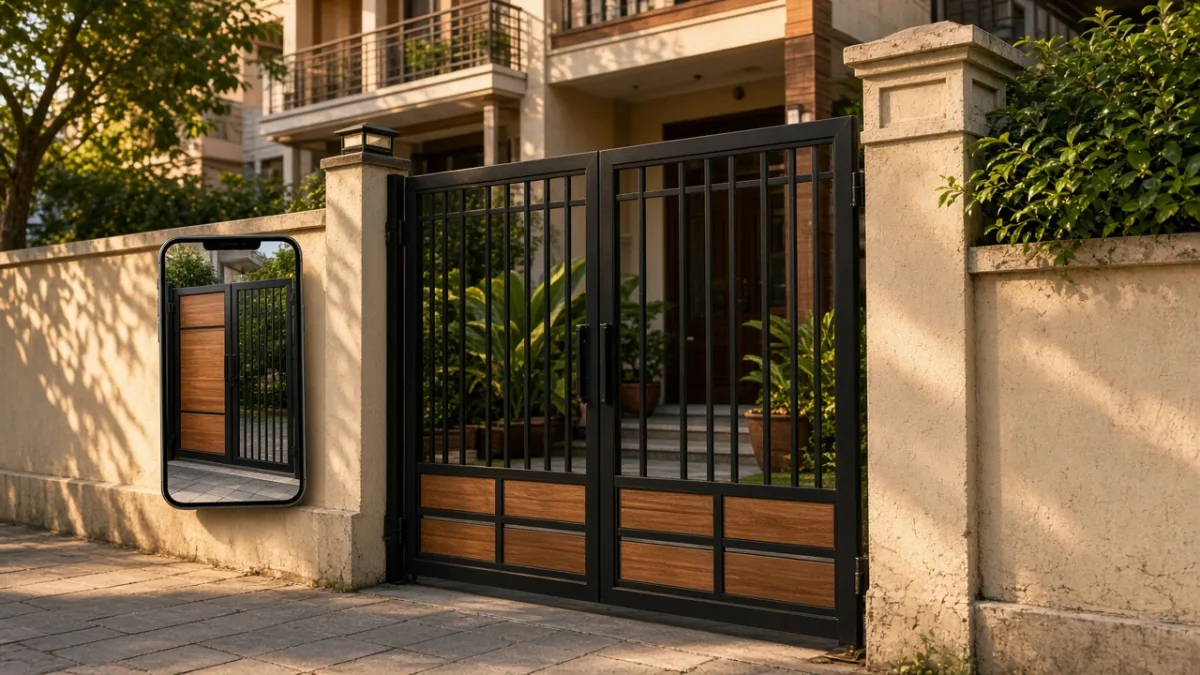 Cổng nhà phố sắt đen kết hợp gỗ với điện thoại hiển thị phối cảnh AI so cổng đặc kín với cổng nan thưa