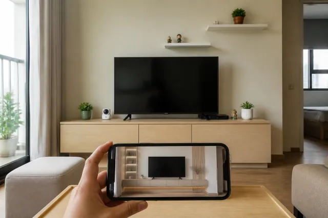 Phòng khách với kệ TV gỗ thấp, tivi treo tường và điện thoại hiển thị phối cảnh AI của cùng mảng tường tivi