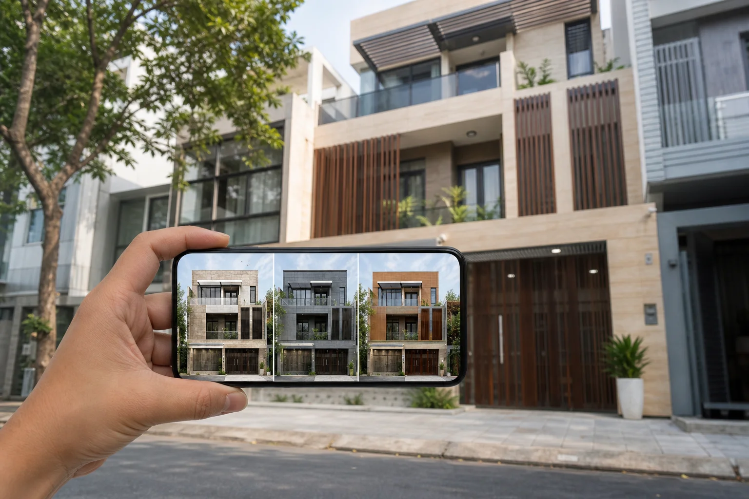 Mặt tiền nhà phố 3 tầng với lam gỗ dọc, ốp đá sáng và điện thoại hiển thị phối cảnh AI so vật liệu khác trên cùng nhà