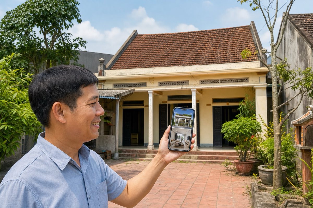Nhà cấp 4 ở nông thôn Việt Nam, chủ nhà cầm điện thoại xem phối cảnh cải tạo mặt tiền và phòng khách sáng do AI tạo