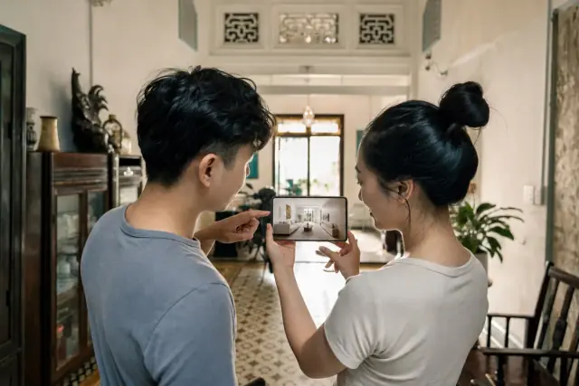Cặp vợ chồng trẻ đứng trong phòng khách nhà phố hẹp, xem điện thoại hiển thị phối cảnh nội thất do AI thiết kế