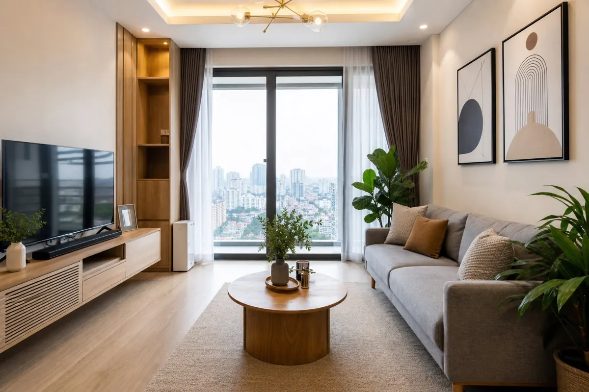 Phối cảnh phòng khách hiện đại do AI tạo với sofa xám, gỗ tự nhiên và ánh sáng ấm