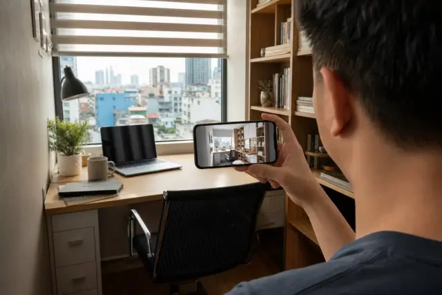 Góc làm việc tại nhà trong căn hộ Việt Nam, bàn cạnh cửa sổ và điện thoại hiển thị phối cảnh workspace do AI thiết kế
