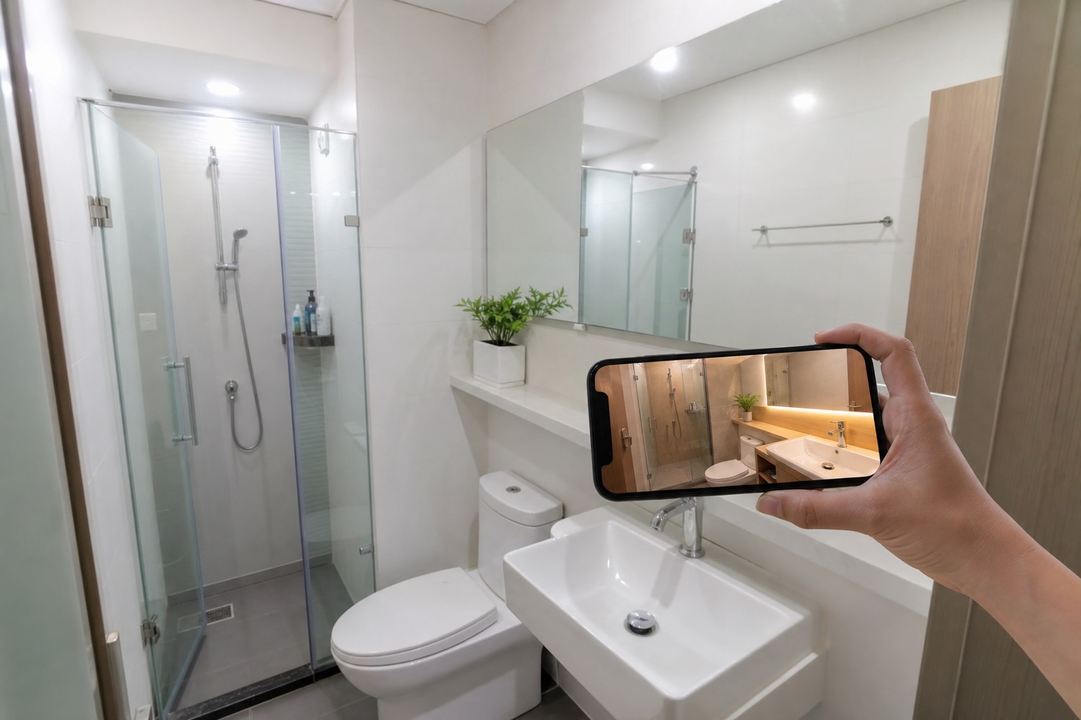 Phòng tắm chung cư nhỏ với gạch trắng, kính cường lực vòi sen và người xem phối cảnh WC do AI thiết kế trên điện thoại