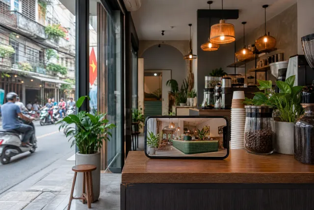 Quán cafe nhỏ mặt tiền kính với quầy gỗ ấm và điện thoại hiển thị phối cảnh AI so phong cách khác trên cùng mặt bằng