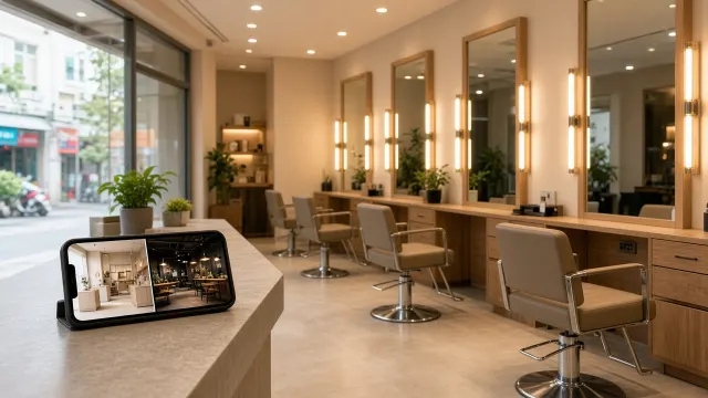 Salon tóc nhỏ với ghế cắt, gương đèn ấm và điện thoại hiển thị phối cảnh AI so salon sáng tối giản với industrial tối