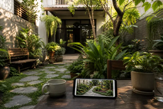 Sân vườn nhà phố nhỏ với lối đá, cây nhiệt đới và điện thoại hiển thị phối cảnh AI so bố cục cây khác trên cùng sân