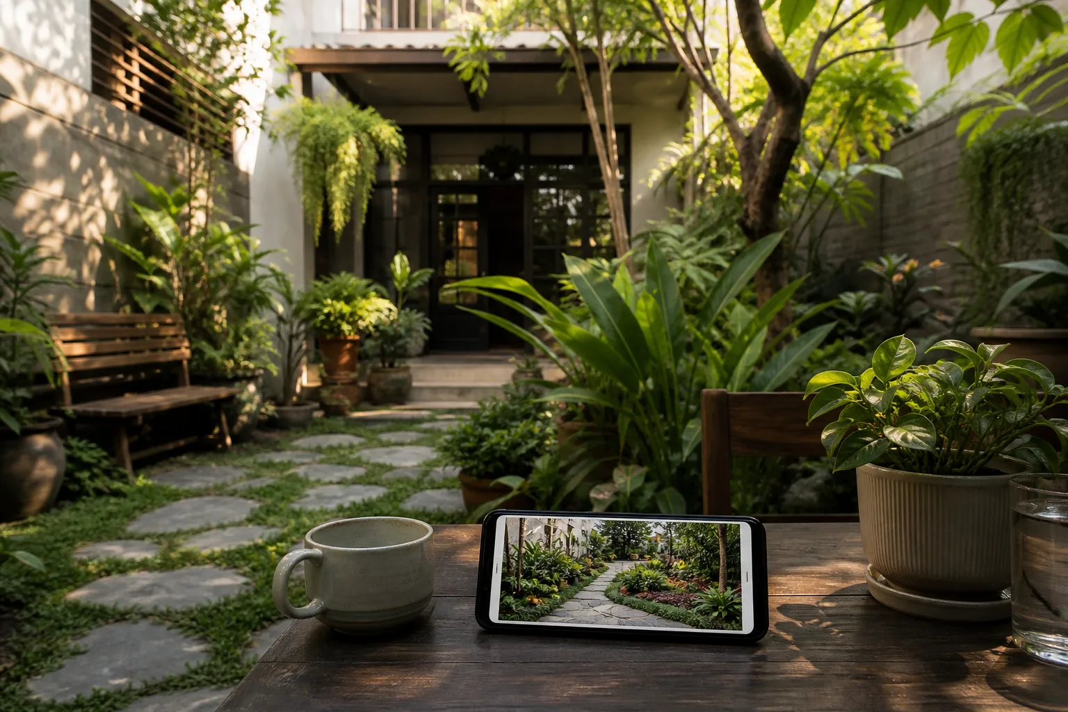 Sân vườn nhà phố nhỏ với lối đá, cây nhiệt đới và điện thoại hiển thị phối cảnh AI so bố cục cây khác trên cùng sân