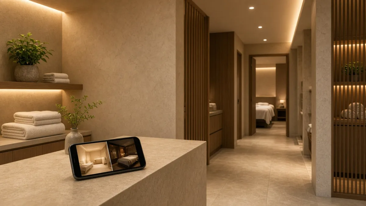 Khu lễ tân spa ấm với đá be, gỗ và điện thoại hiển thị phối cảnh AI so spa tối giản ấm với spa luxury tối