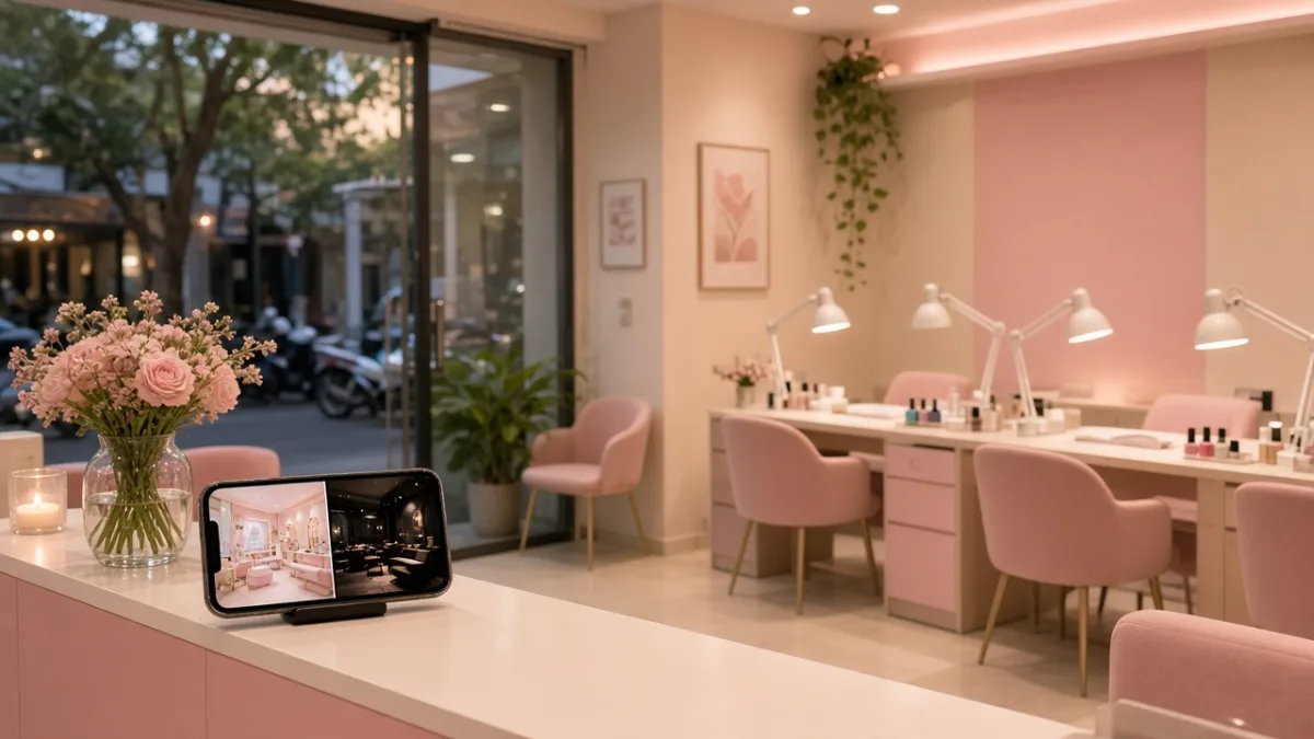 Tiệm nail nhỏ với bàn làm móng pastel, quầy lễ tân và điện thoại hiển thị phối cảnh AI so tiệm hồng nhẹ với tối giản tối