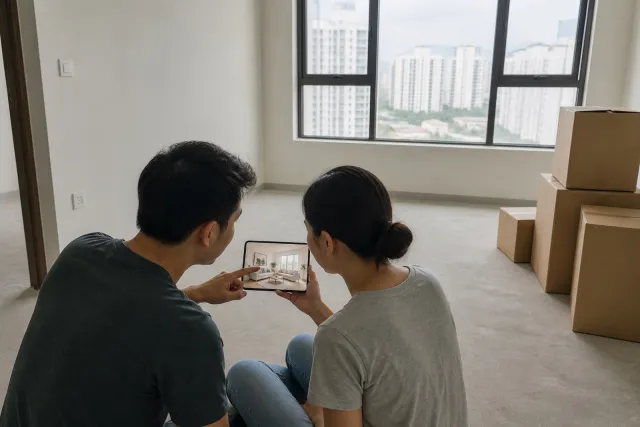 Cặp vợ chồng ngồi trong căn hộ bàn giao trống, xem điện thoại hiển thị phối cảnh nội thất AI của chính căn đó