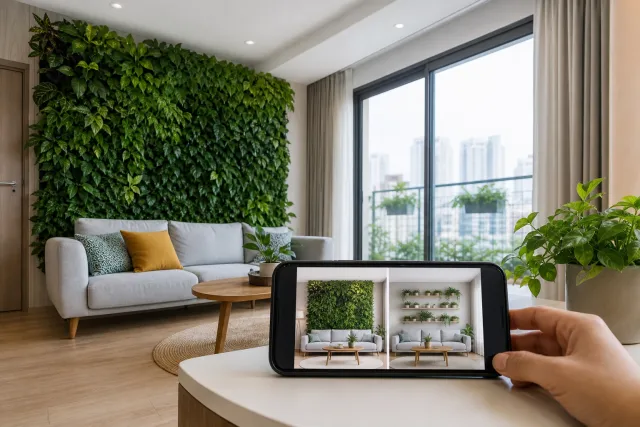 Phòng khách chung cư với tường cây xanh đứng và điện thoại hiển thị phối cảnh AI so kiểu mảng xanh khác trên cùng tường