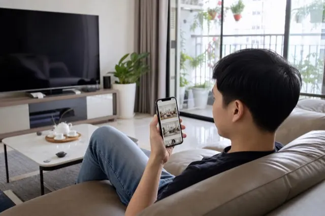 Chủ nhà ngồi trên sofa dùng điện thoại thử app AI thiết kế nội thất miễn phí với ảnh phòng thật