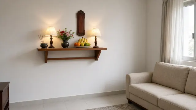 Góc phòng khách chung cư với bàn thờ gỗ treo tường, đèn vàng hai bên, lọ hoa, đĩa trái cây và bài vị, sofa be phía dưới