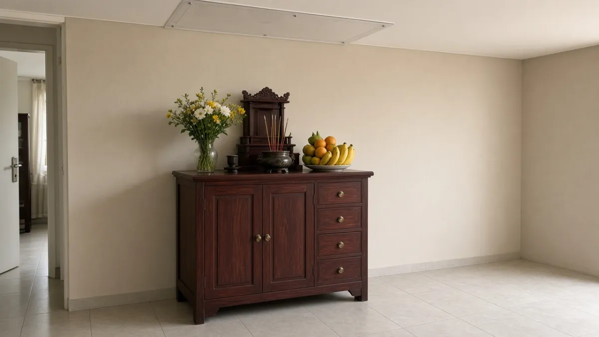 Tủ thờ gỗ đặt sát tường, tấm chống ám khói trên trần, bát hương, hoa và trái cây, lối đi bên cạnh vẫn trống