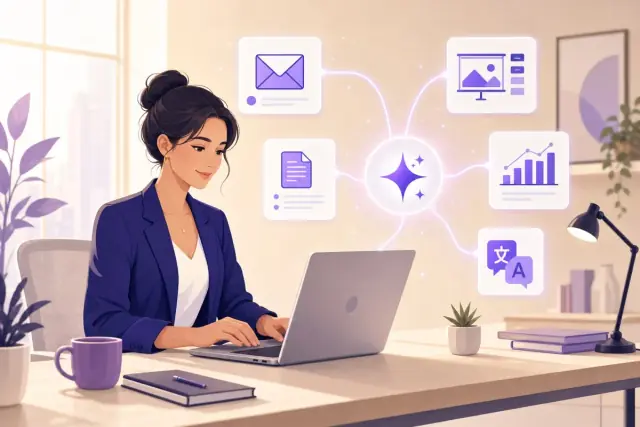 Minh họa dùng AI cho công việc văn phòng: email, tài liệu, slide, biểu đồ và dịch thuật kết nối với AI