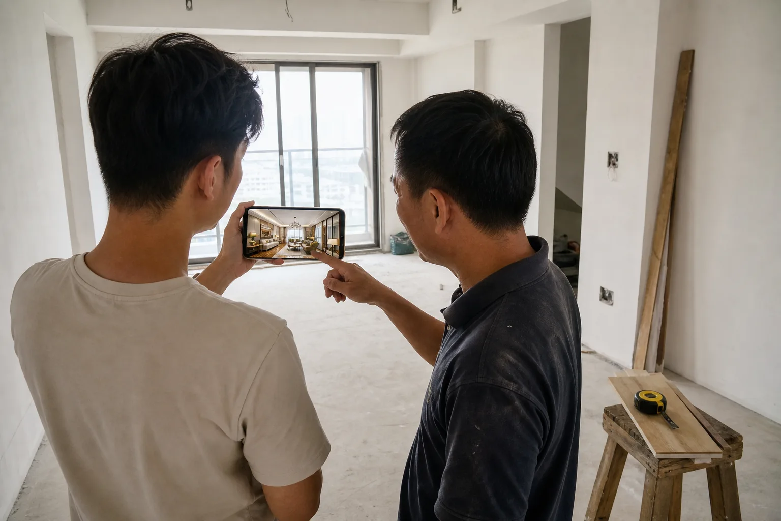 Chủ nhà và thợ đứng trong phòng đang sửa, cùng xem điện thoại hiển thị phối cảnh nội thất AI của chính căn phòng đó