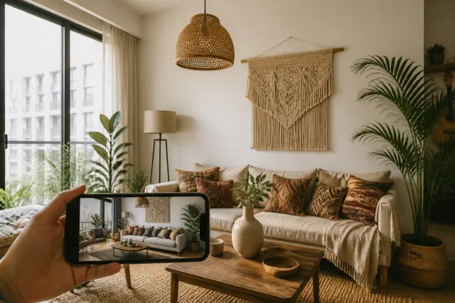 Phòng khách phong cách Boho với sofa linen, thảm kilim, đèn mây và điện thoại hiển thị phối cảnh AI