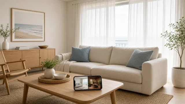 Phòng khách Coastal với sofa linen sáng, gối xanh biển nhạt và điện thoại hiển thị phối cảnh AI so coastal với tropical đậm lá