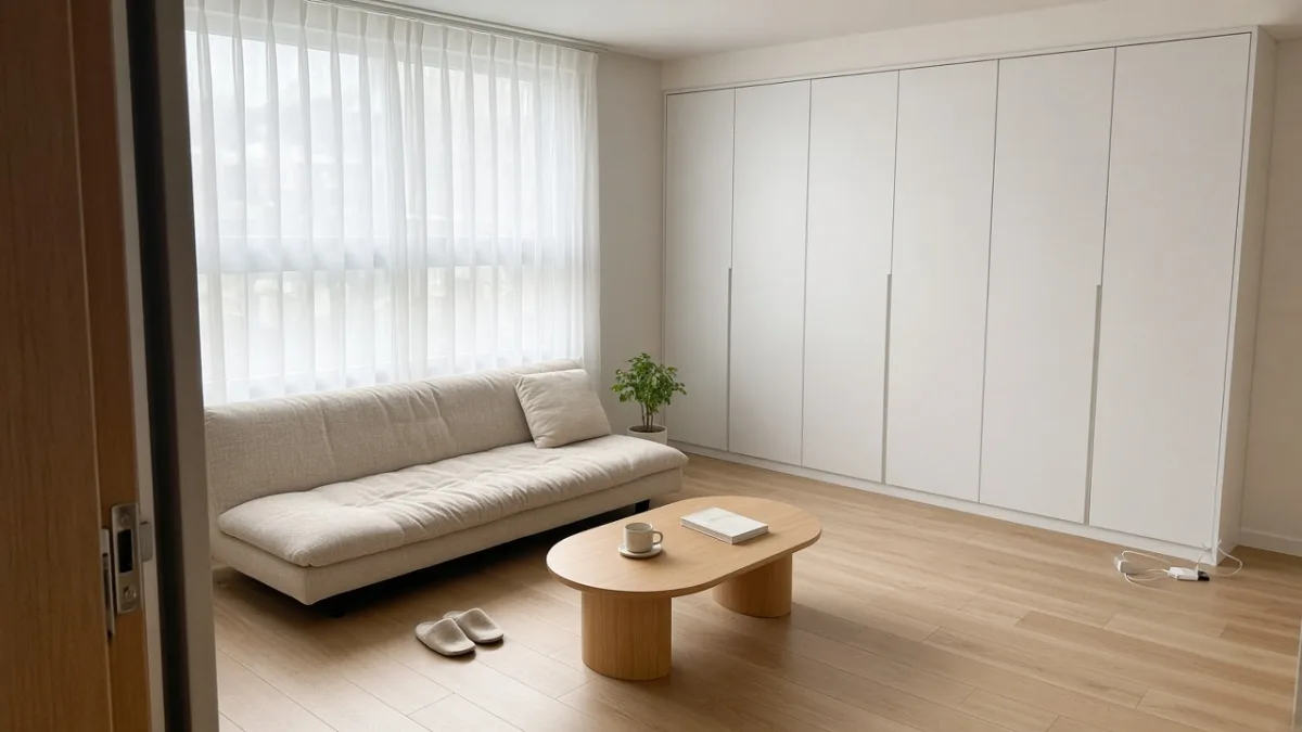 Phòng khách chung cư sáng với sofa thấp màu kem, bàn trà gỗ thấp, rèm voan trắng và tủ âm tường trắng sát trần