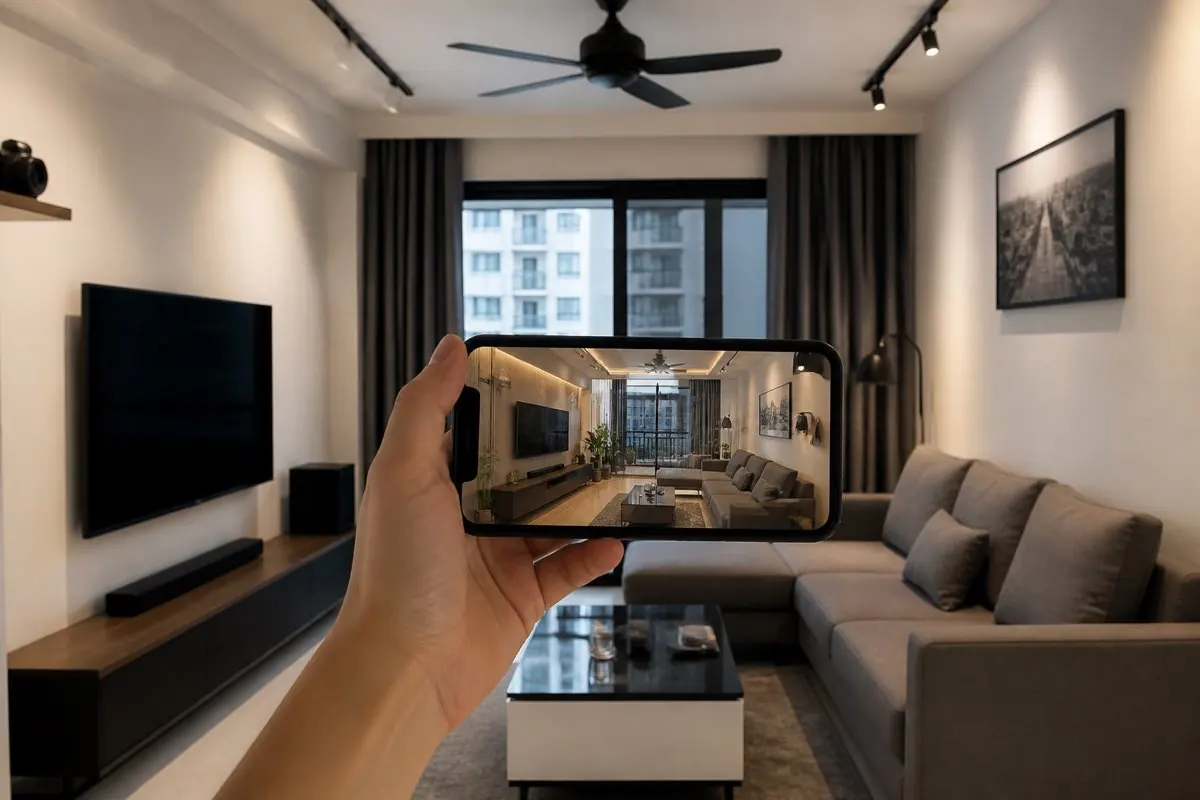 Phòng khách phong cách hiện đại với sofa xám, tường trắng, đèn LED âm trần và điện thoại hiển thị phối cảnh AI