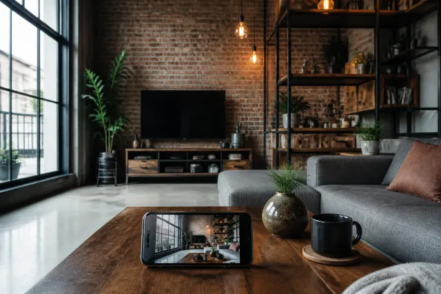 Phòng khách loft phong cách industrial với tường gạch thô, sofa xám, đèn Edison và điện thoại hiển thị phối cảnh AI