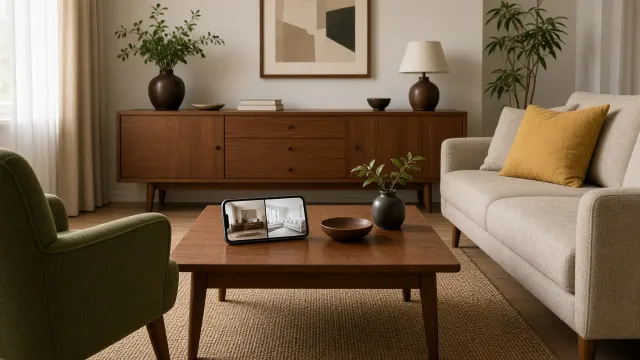 Phòng khách Mid-Century Modern với tủ gỗ chân côn, sofa chân gỗ và điện thoại hiển thị phối cảnh AI so mid-century với phòng trắng hiện đại