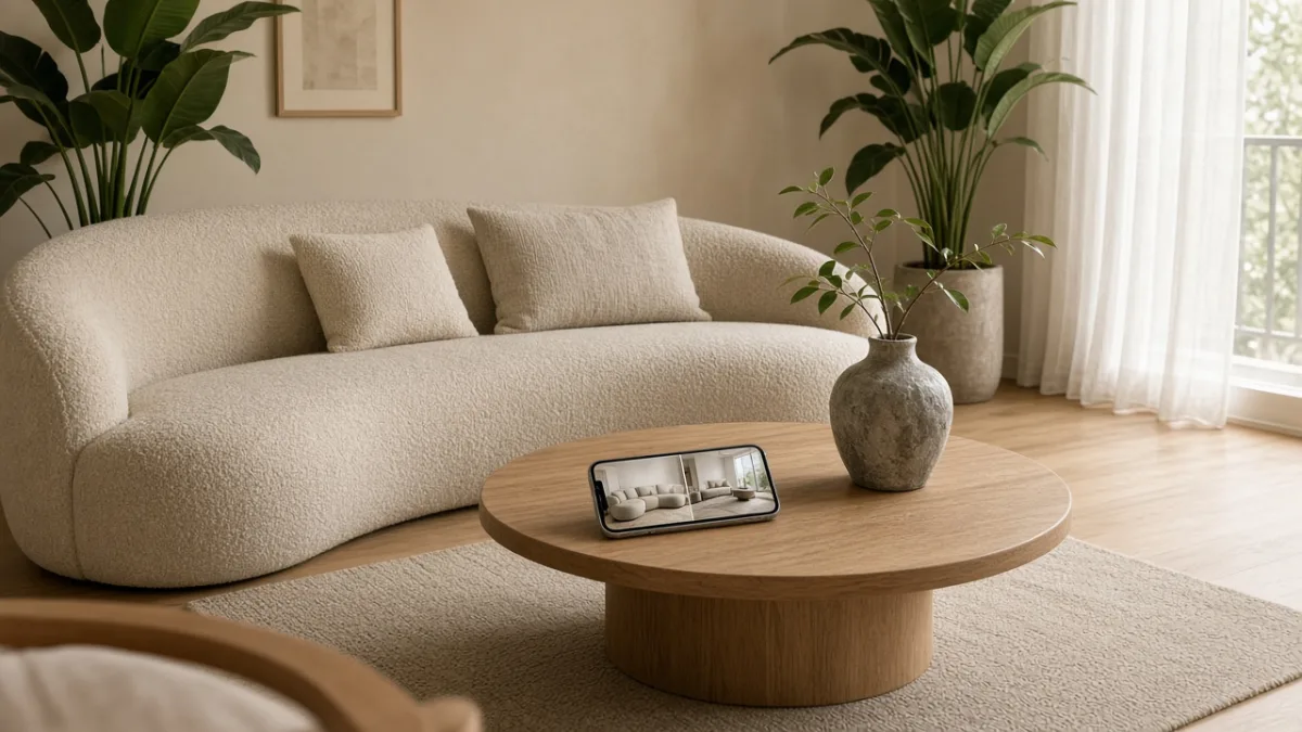 Phòng khách Organic Modern với sofa bouclé bo cong, bàn gỗ tròn và điện thoại hiển thị phối cảnh AI so nội thất góc cạnh