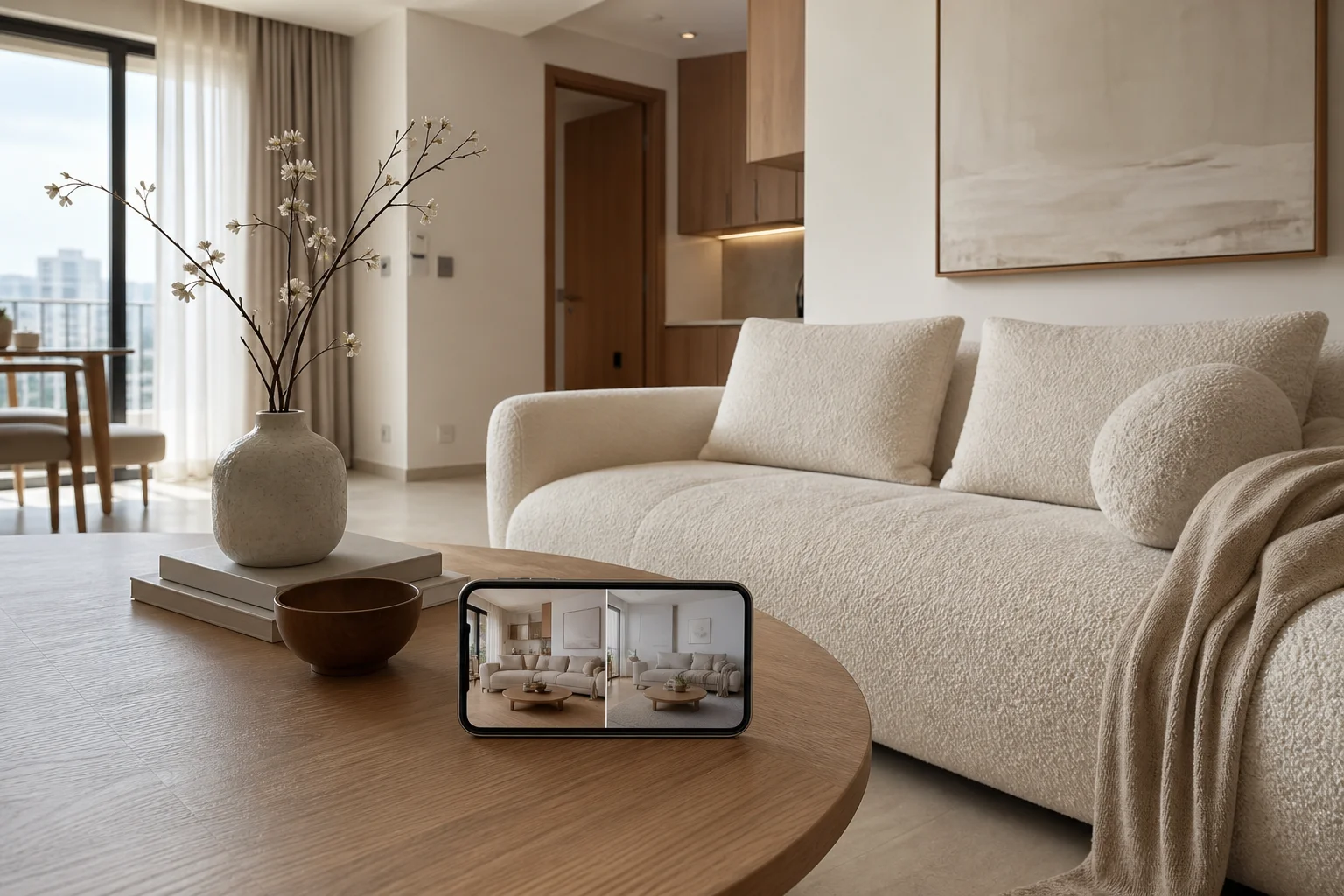 Phòng khách quiet luxury với sofa bouclé kem, gỗ sồi matte, rèm linen và điện thoại hiển thị phối cảnh AI