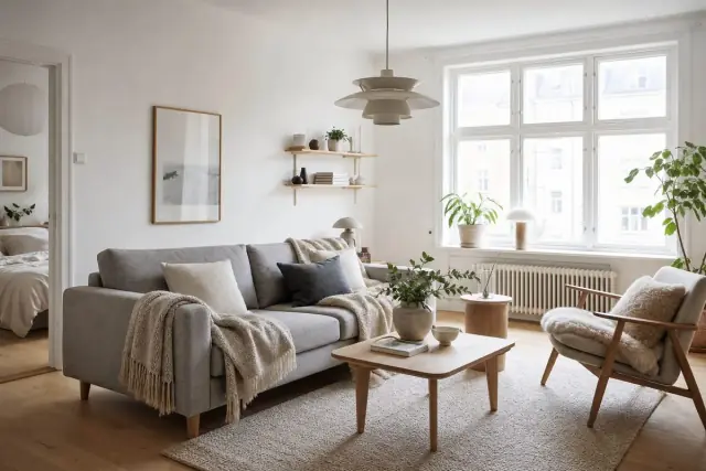 Phòng khách Scandinavian với tường trắng, sàn gỗ sồi sáng, sofa xám và chăn len, cửa sổ lớn ngập ánh sáng