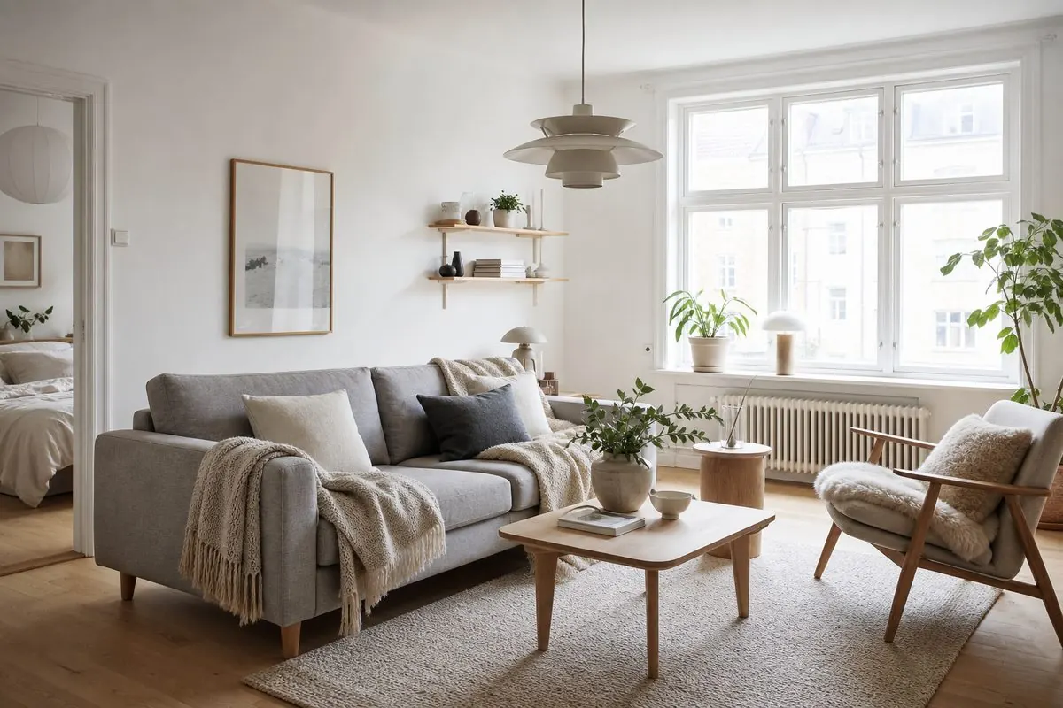 Phòng khách Scandinavian với tường trắng, sàn gỗ sồi sáng, sofa xám và chăn len, cửa sổ lớn ngập ánh sáng