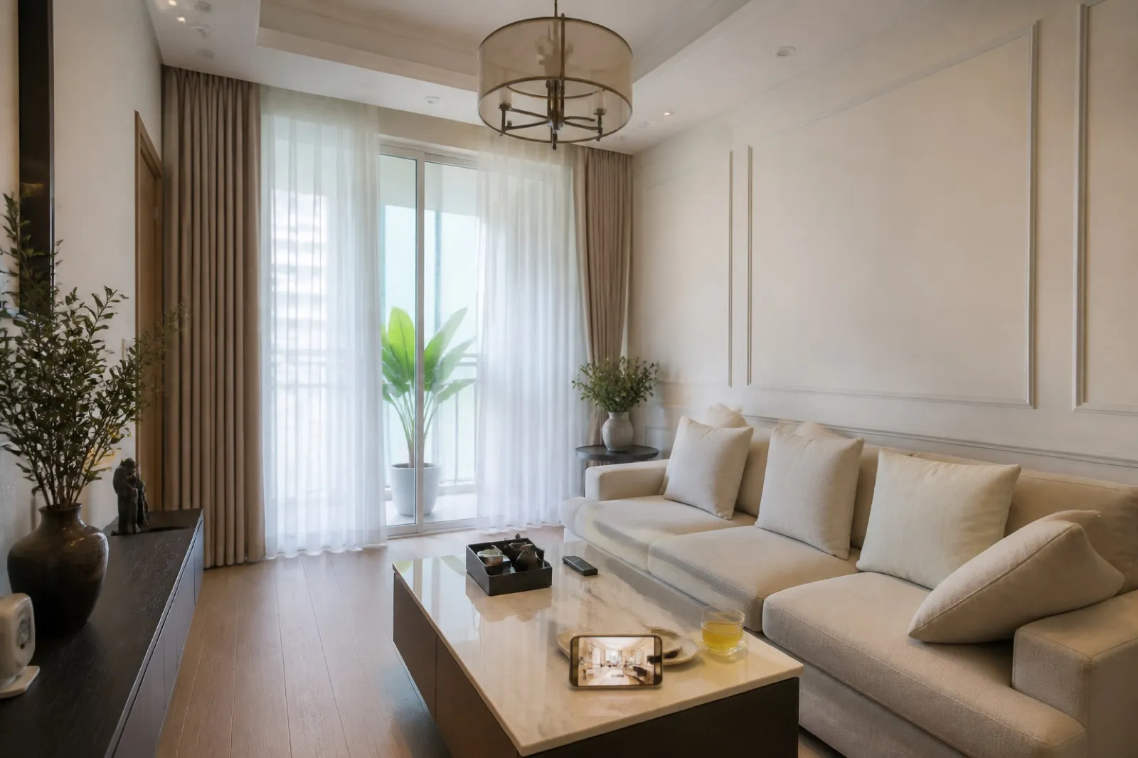 Phòng khách tân cổ điển nhẹ với tường kem, phào chỉ trắng, sofa kem và điện thoại hiển thị phối cảnh AI