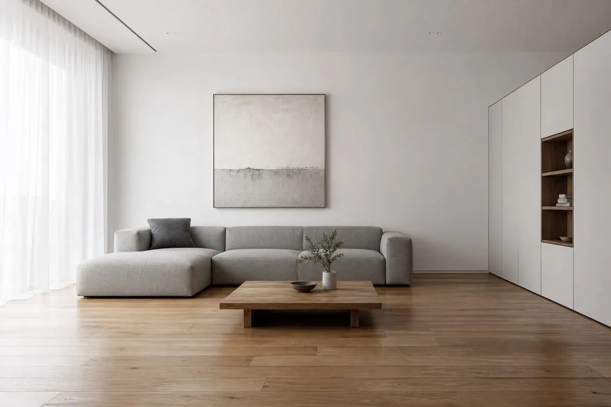 Phòng khách tối giản với sofa xám thấp, bàn gỗ đơn, một bức tranh trừu tượng và sàn gỗ rộng thoáng