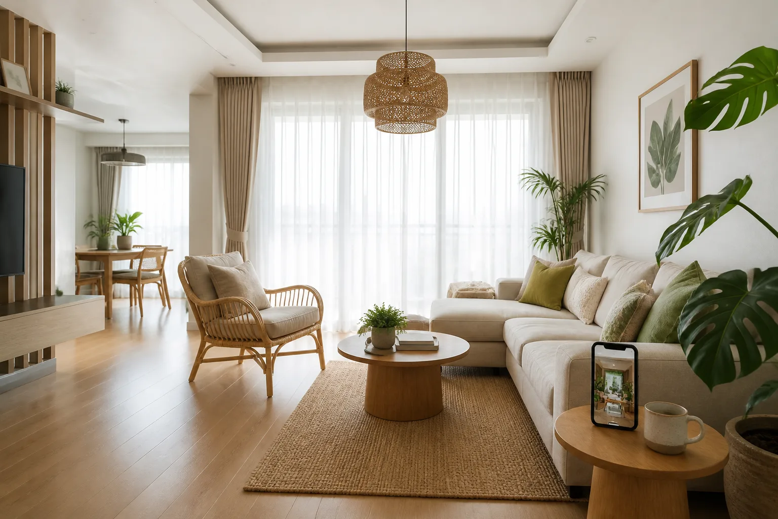 Phòng khách phong cách tropical sáng với ghế mây, cây xanh, rèm voan và điện thoại hiển thị phối cảnh AI